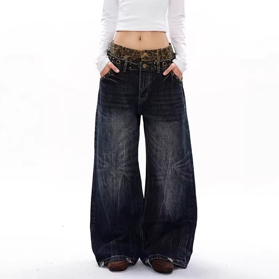 Plus Size Unique Design Leopard Print Double Waistband Patchwork Jeans