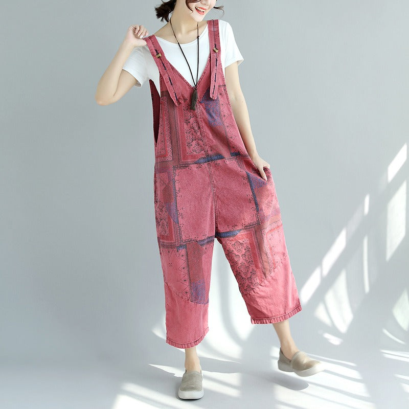 Printed old washed large crotch pants nine points women plus size stitching denim overalls