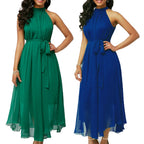 Plus Size Women Summer Solid Color Pleated Chiffon Sleeveless Belted Maxi Dress