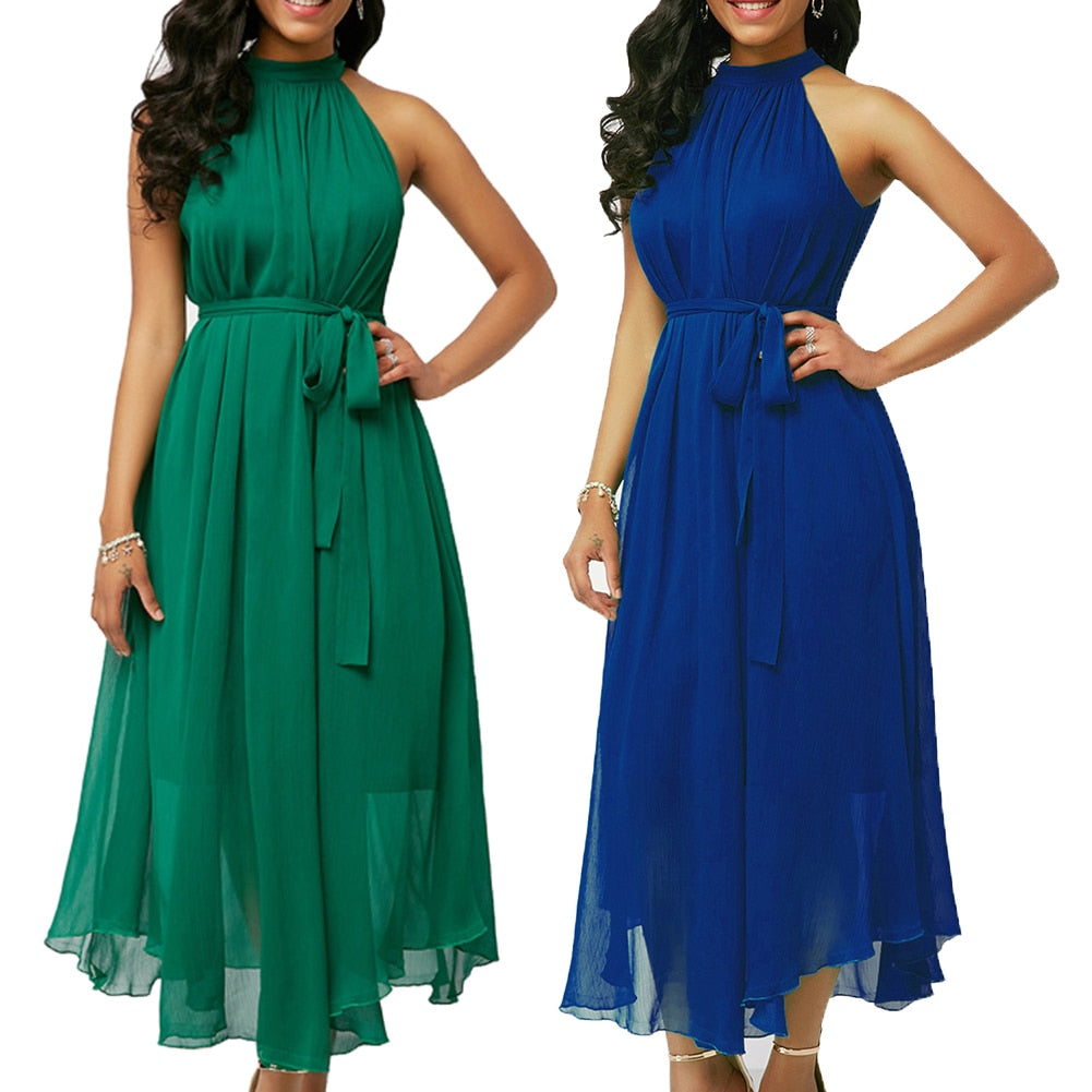 Plus Size Women Summer Solid Color Pleated Chiffon Sleeveless Belted Maxi Dress