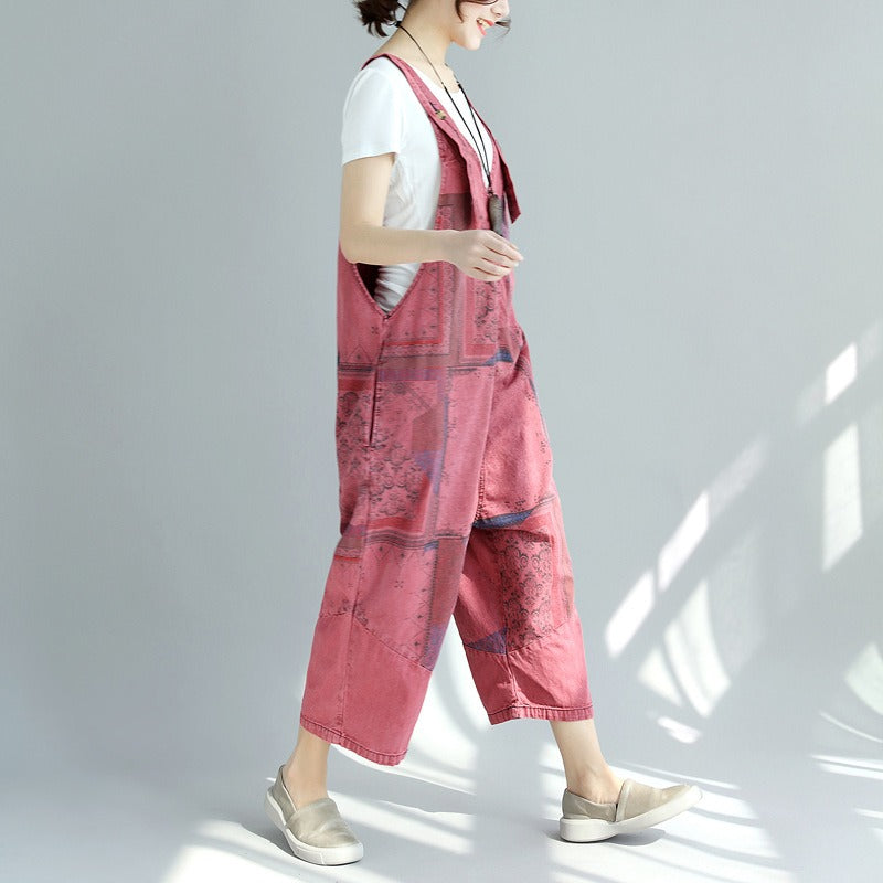 Printed old washed large crotch pants nine points women plus size stitching denim overalls
