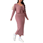 Style Solid Color Belted Two-Piece Set for Women Plus Size Long Sleeve Dress + Jacket