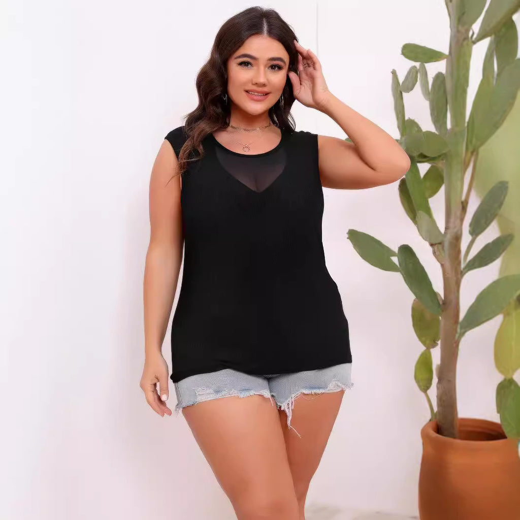 Splicing Round Neck Sleeveless T-Shirt for Plus Size Women