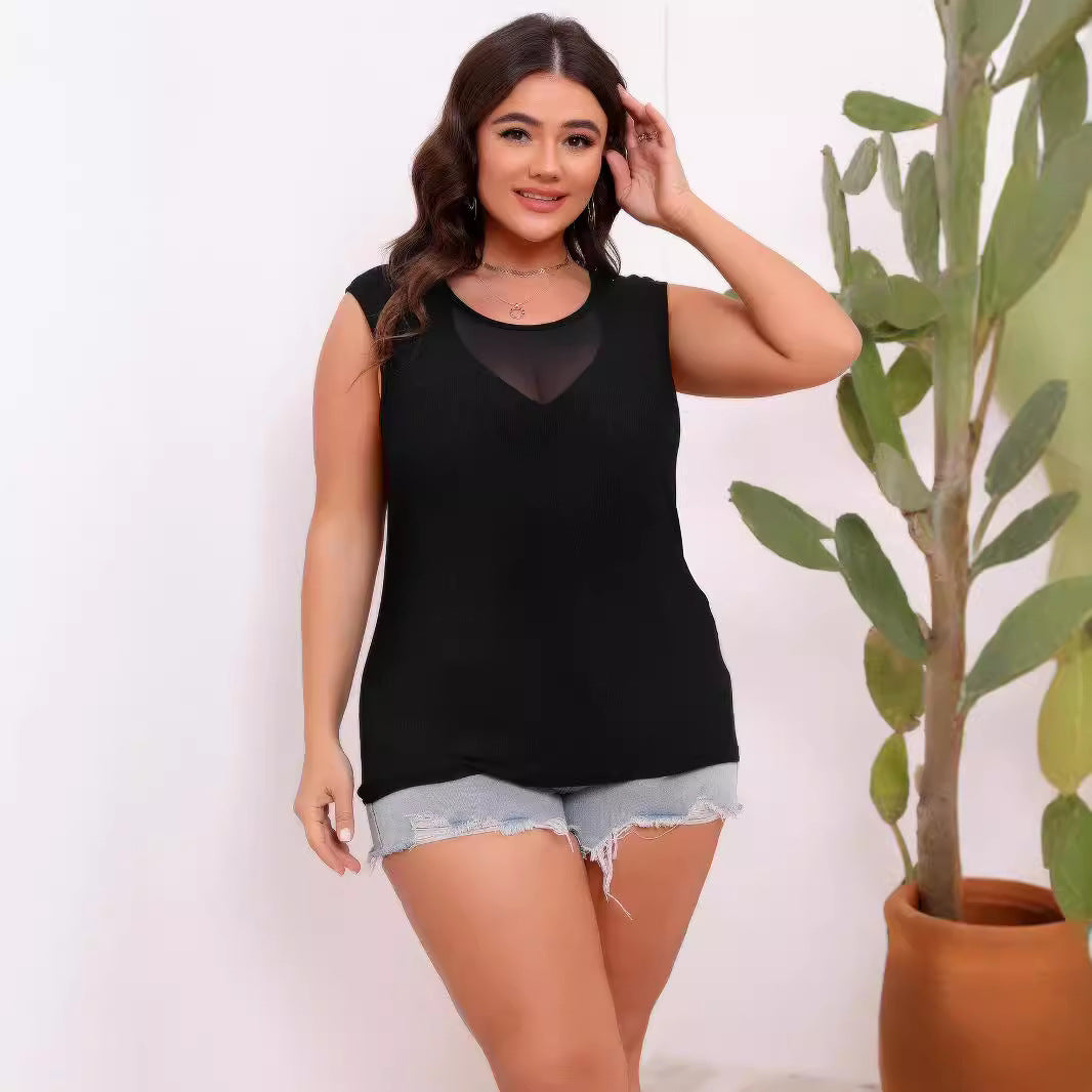 Splicing Round Neck Sleeveless T-Shirt for Plus Size Women