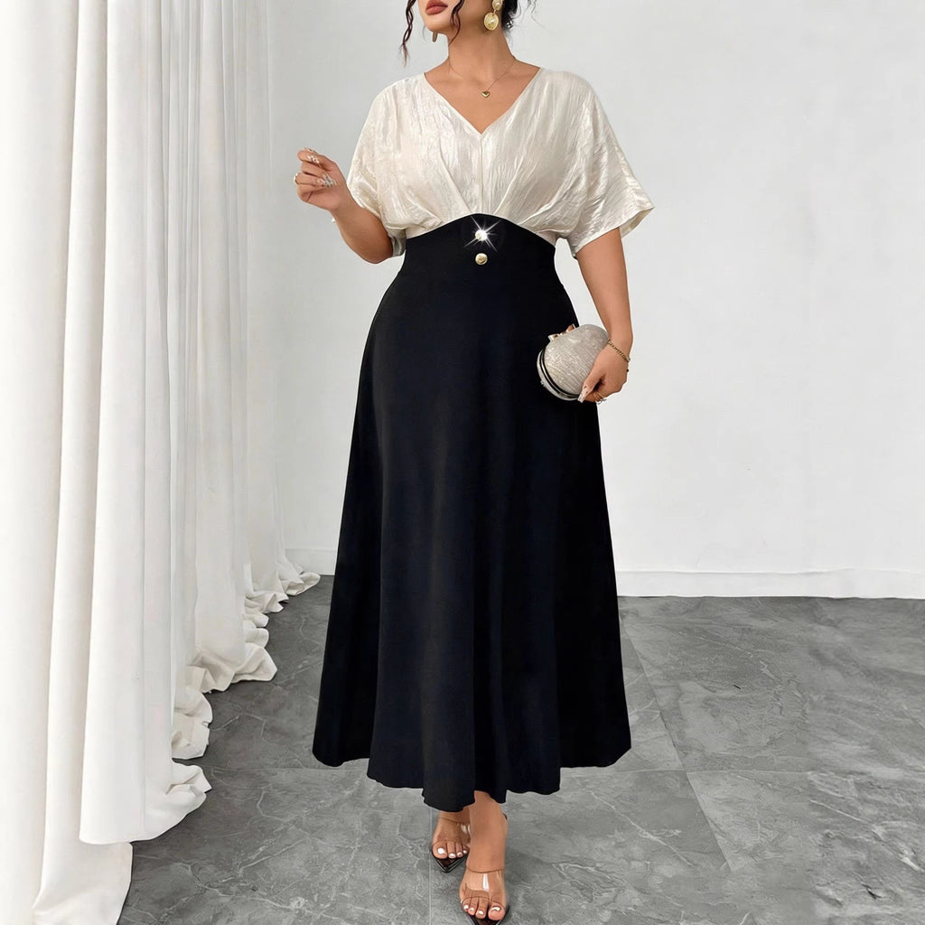 Plus Size Women's V-Neck Color-Blocking Dress Summer Short Sleeve Maxi Dress