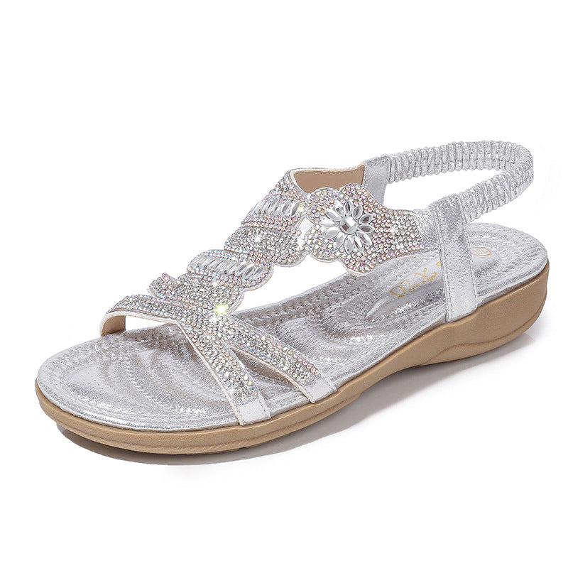 Lady Shoes Plus Size Women's Shoes Outside Flower Pattern Rhinestone Sandals Flat Plus Size Sandals