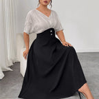 Plus Size Women's V-Neck Color-Blocking Dress Summer Short Sleeve Maxi Dress