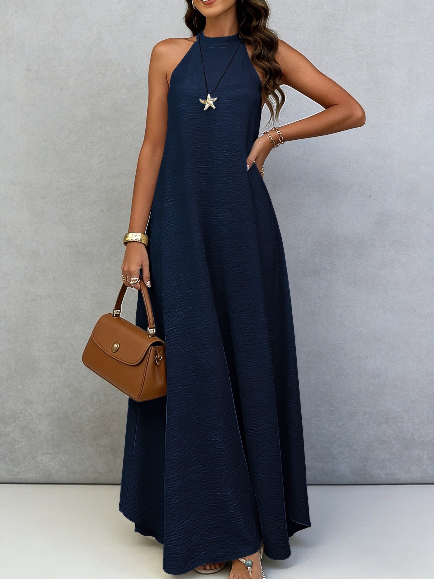 Women Summer Ice Silk Wrinkle Loose Plus Size Sleeveless Solid Color Swing Long Maxi Dress Vacation Style