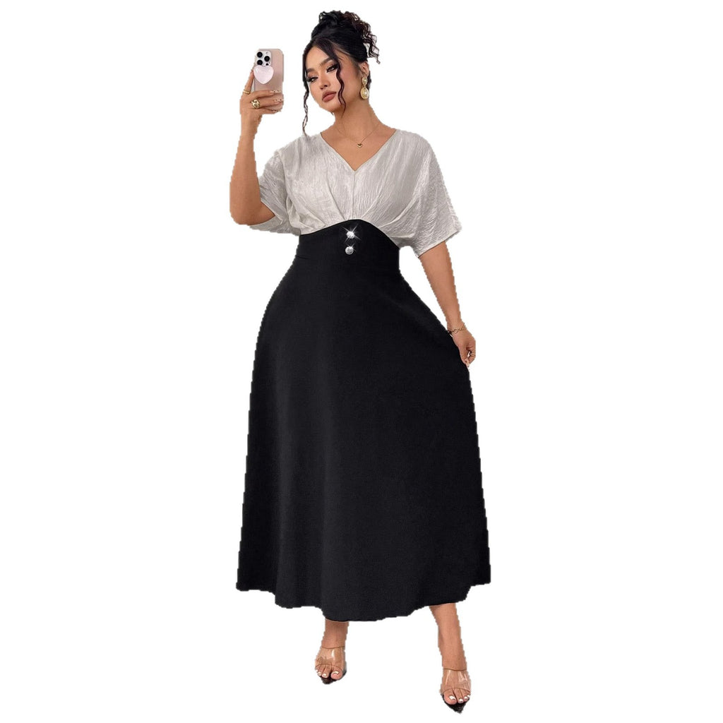 Plus Size Women's V-Neck Color-Blocking Dress Summer Short Sleeve Maxi Dress