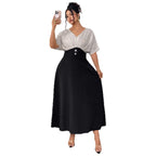 Plus Size Women's V-Neck Color-Blocking Dress Summer Short Sleeve Maxi Dress
