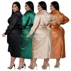 Plus Size Women's Nightclub Wear Reflective Silk Pleated Tie Shirt Dress