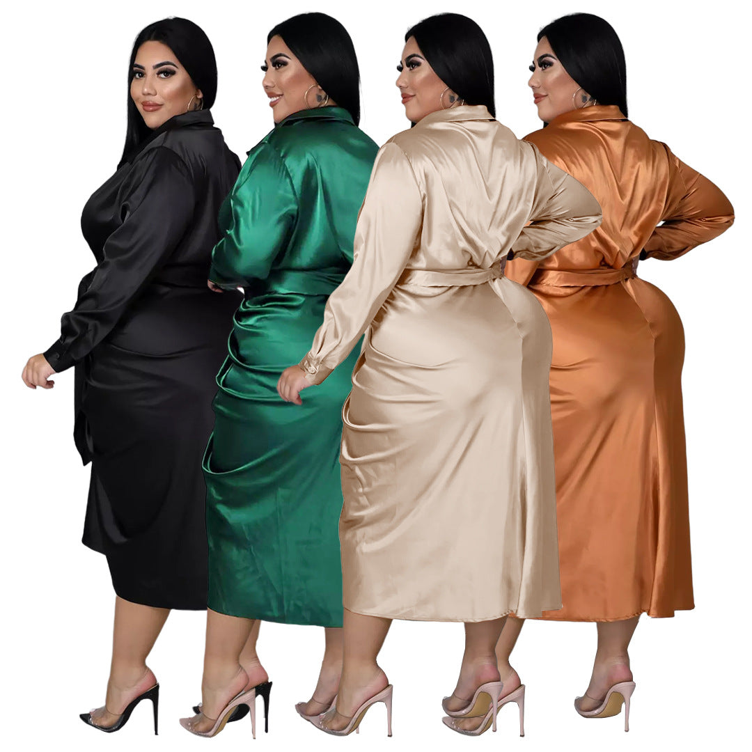 Plus Size Women's Nightclub Wear Reflective Silk Pleated Tie Shirt Dress