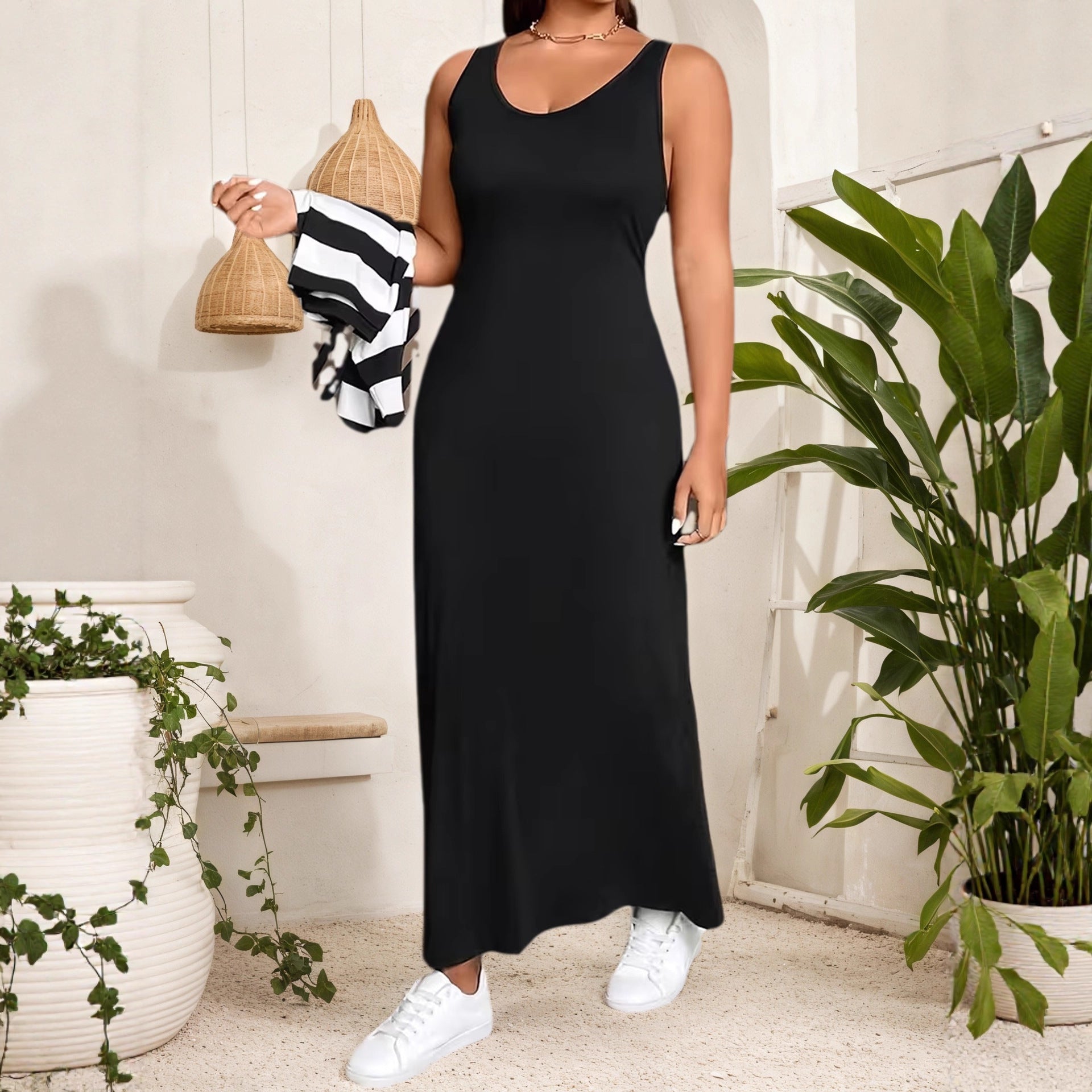 Elegant Long Dress Set with Striped Top and Dress for Women, Plus Size Fashion Two-Piece Outfit