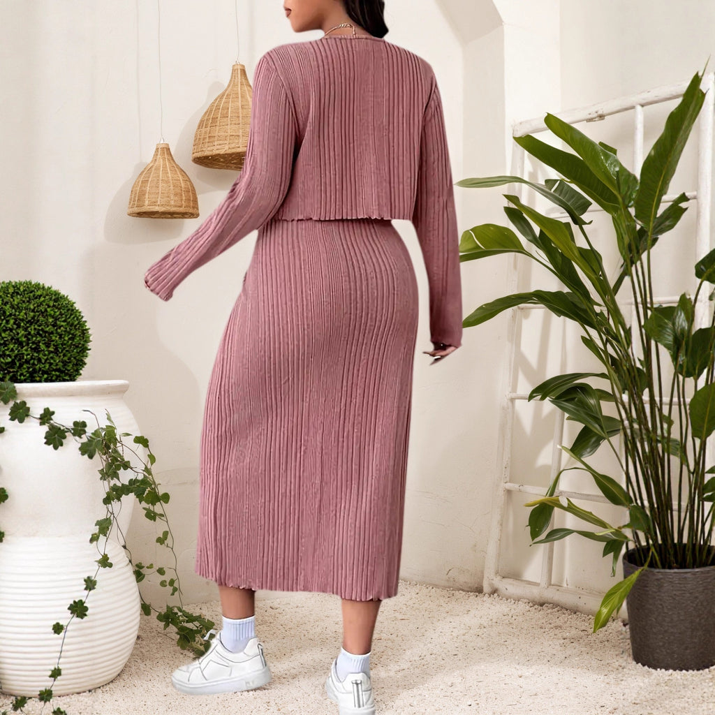 Style Solid Color Belted Two-Piece Set for Women Plus Size Long Sleeve Dress + Jacket