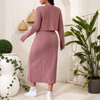 Style Solid Color Belted Two-Piece Set for Women Plus Size Long Sleeve Dress + Jacket