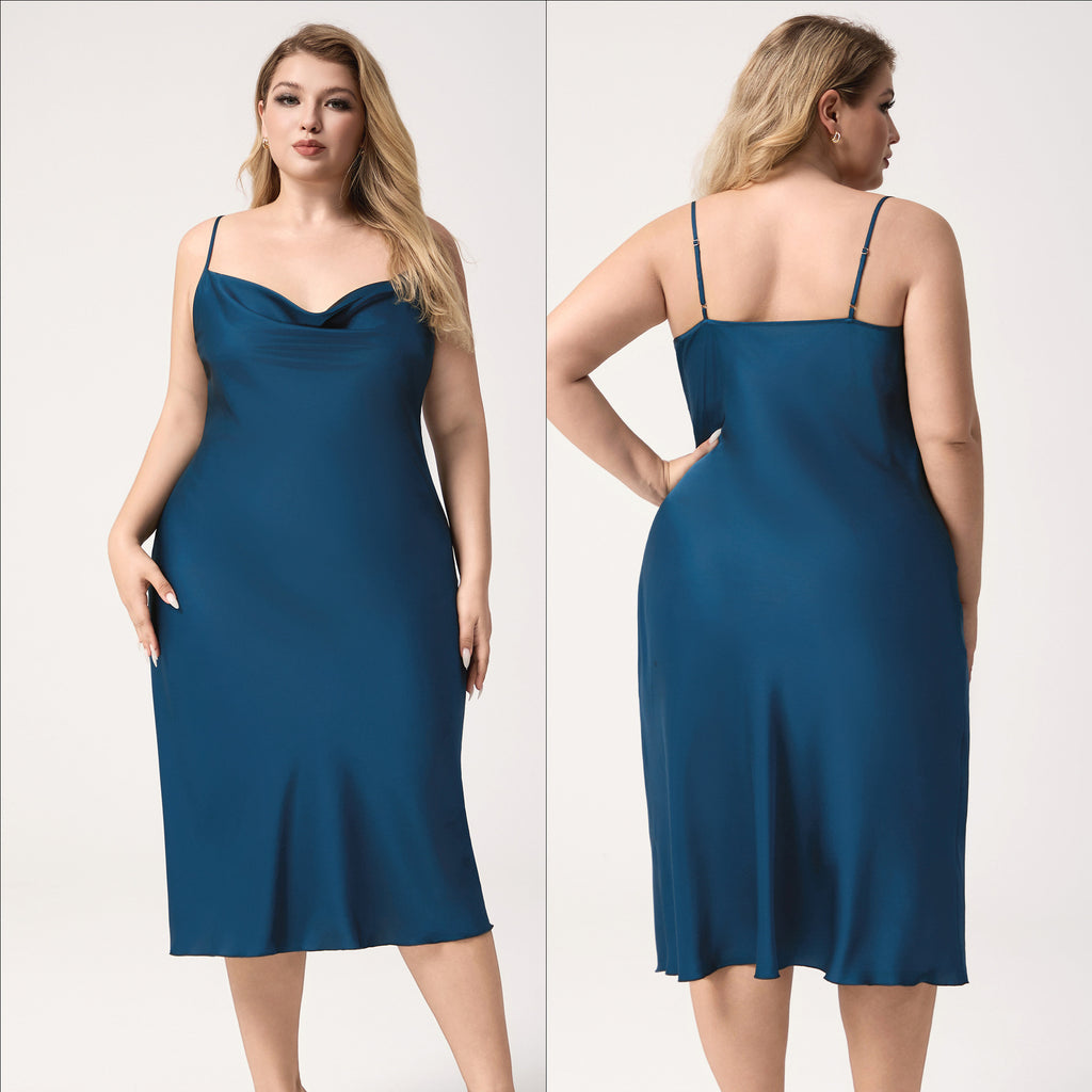 Yao Ting Plus Size Satin Nightdress for Women Summer One-Piece Plunge Neck Strap Loose Loungewear Sleepwear