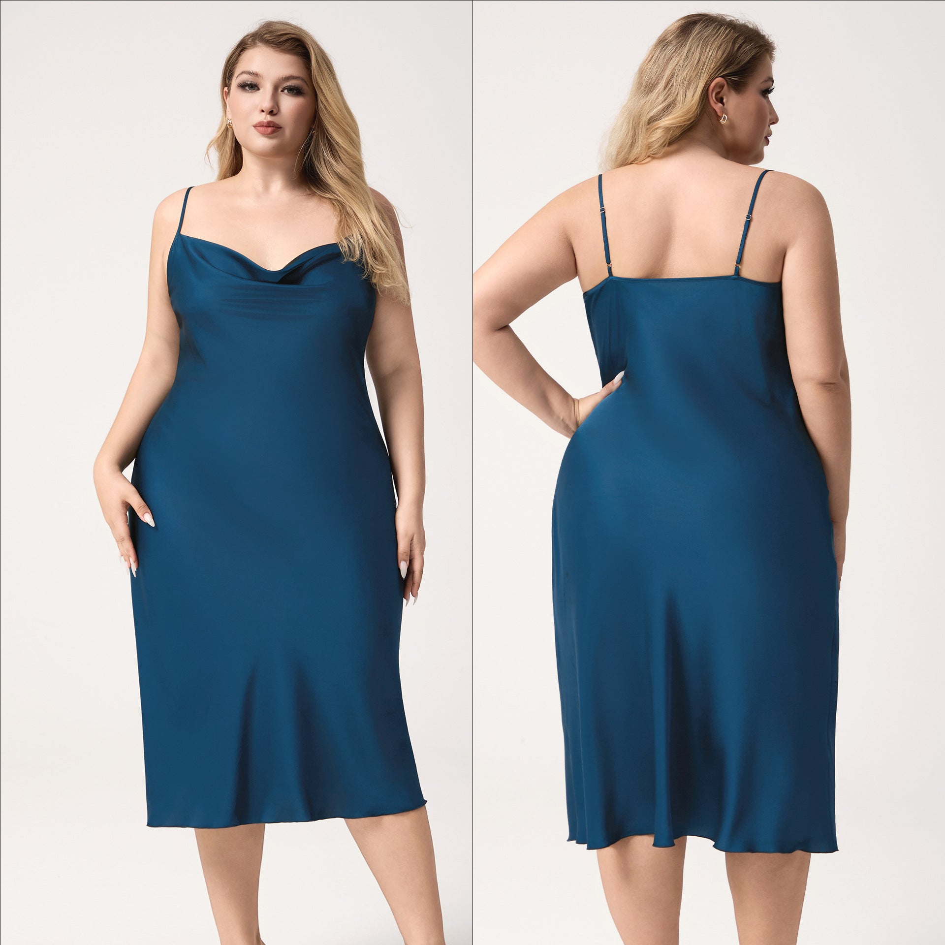 Yao Ting Plus Size Satin Nightdress for Women Summer One-Piece Plunge Neck Strap Loose Loungewear Sleepwear
