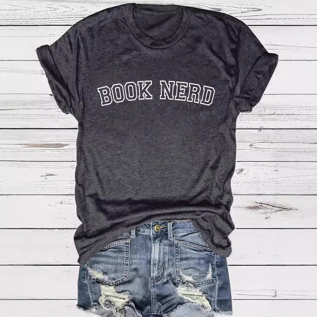 BOOK NERD Pattern Round Neck Short Sleeve