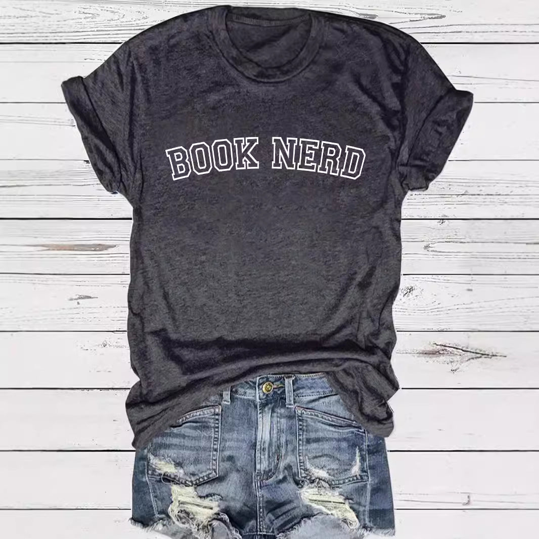 BOOK NERD Pattern Round Neck Short Sleeve