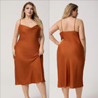 Yao Ting Plus Size Satin Nightdress for Women Summer One-Piece Plunge Neck Strap Loose Loungewear Sleepwear