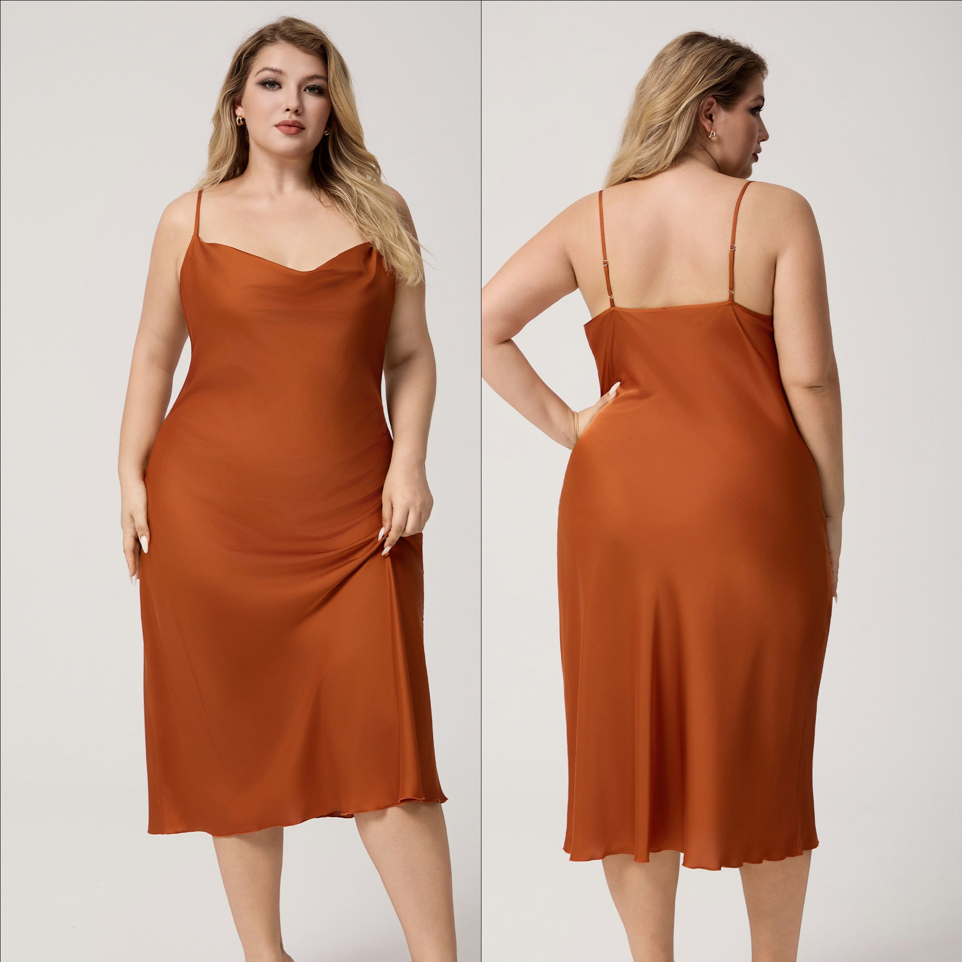 Yao Ting Plus Size Satin Nightdress for Women Summer One-Piece Plunge Neck Strap Loose Loungewear Sleepwear