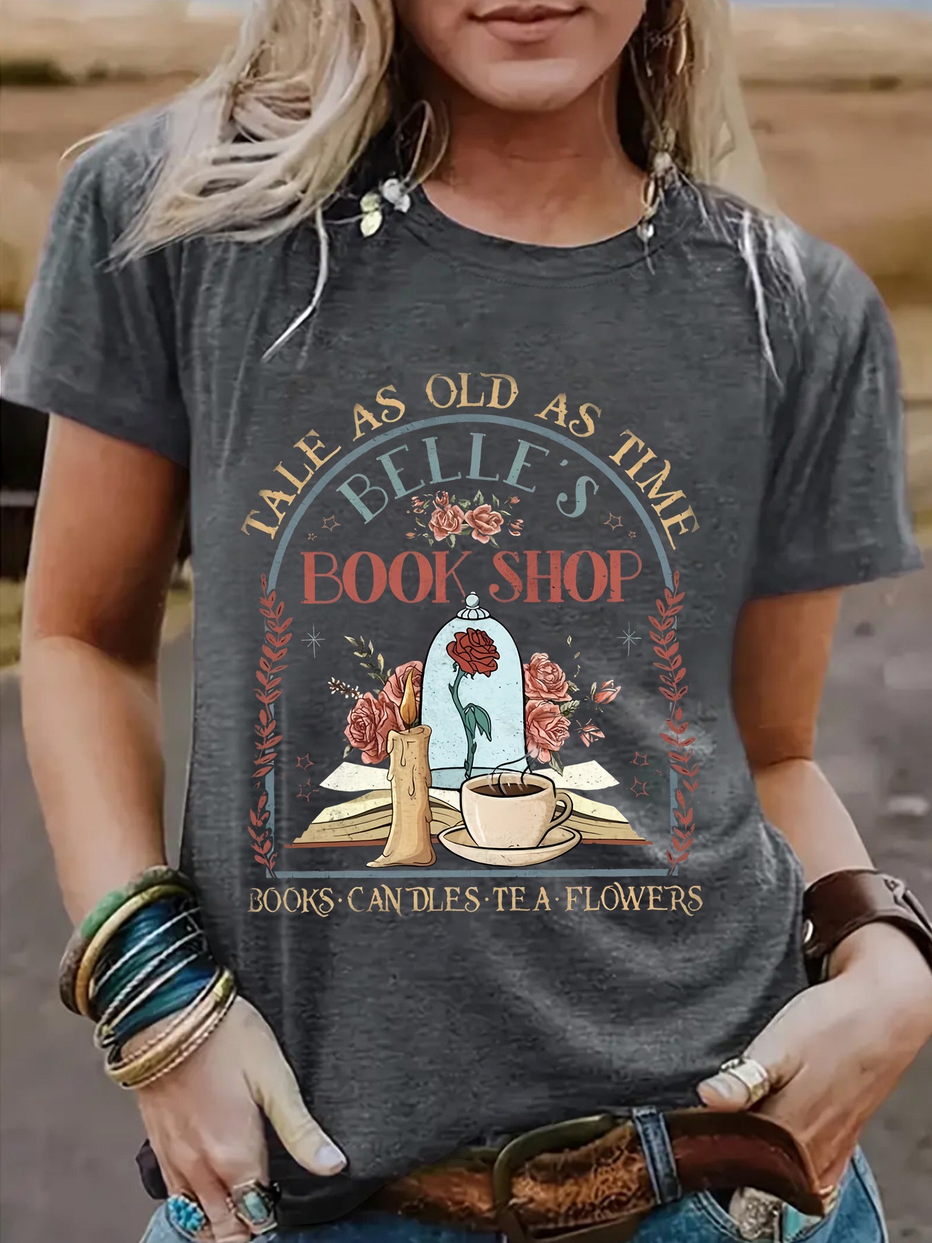 BOOK SHOP Printed New Round Neck Loose Short Sleeve