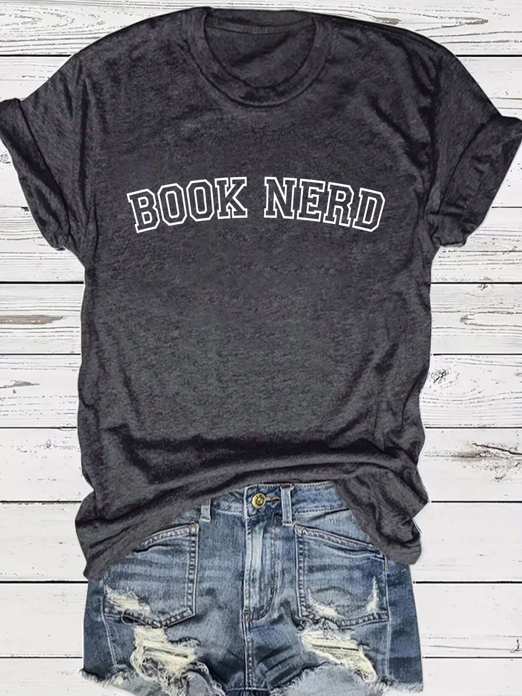 BOOK NERD Pattern Round Neck Short Sleeve