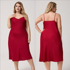 Yao Ting Plus Size Satin Nightdress for Women Summer One-Piece Plunge Neck Strap Loose Loungewear Sleepwear