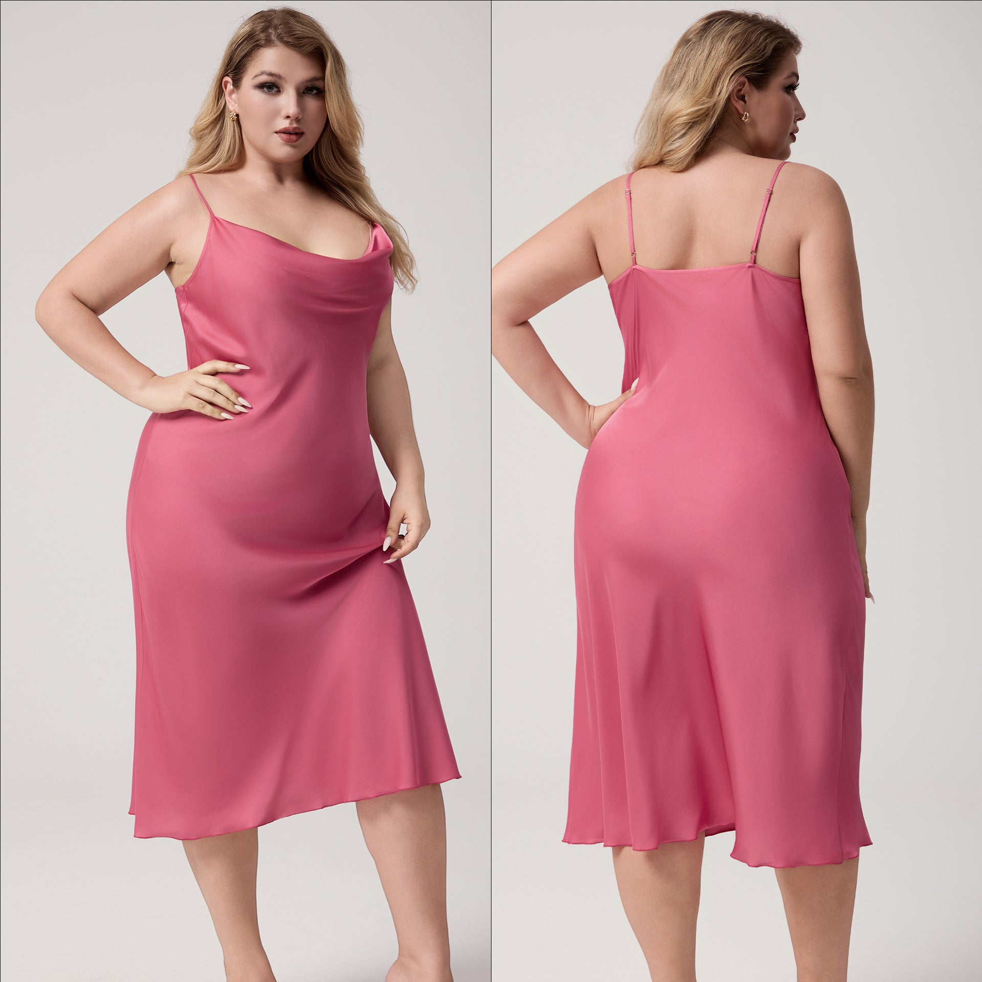 Yao Ting Plus Size Satin Nightdress for Women Summer One-Piece Plunge Neck Strap Loose Loungewear Sleepwear