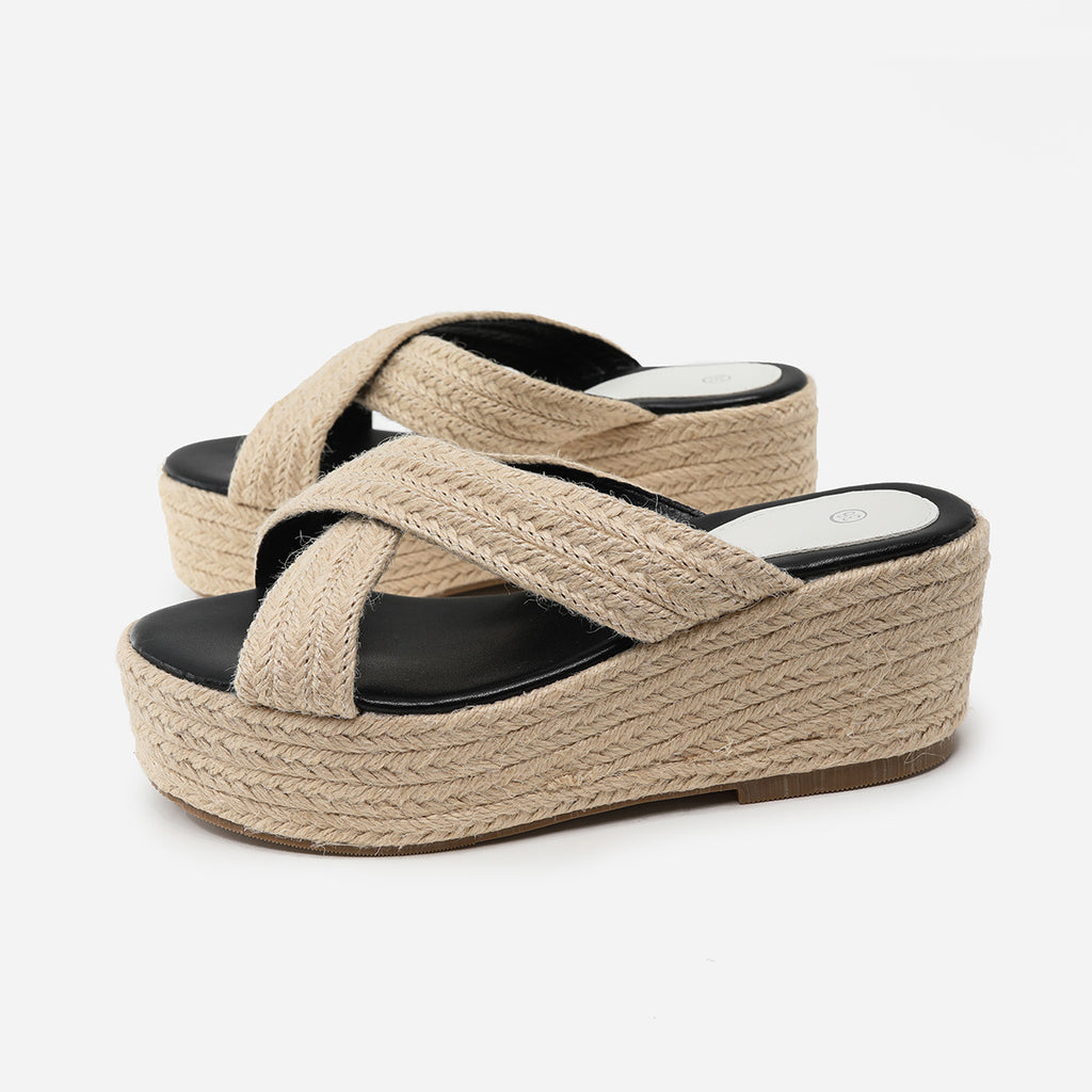 Thick Sole Hemp Rope Wedge Heel Plus Size Women's Shoes Summer Cross Strap Flat Sandals Women Plus Size