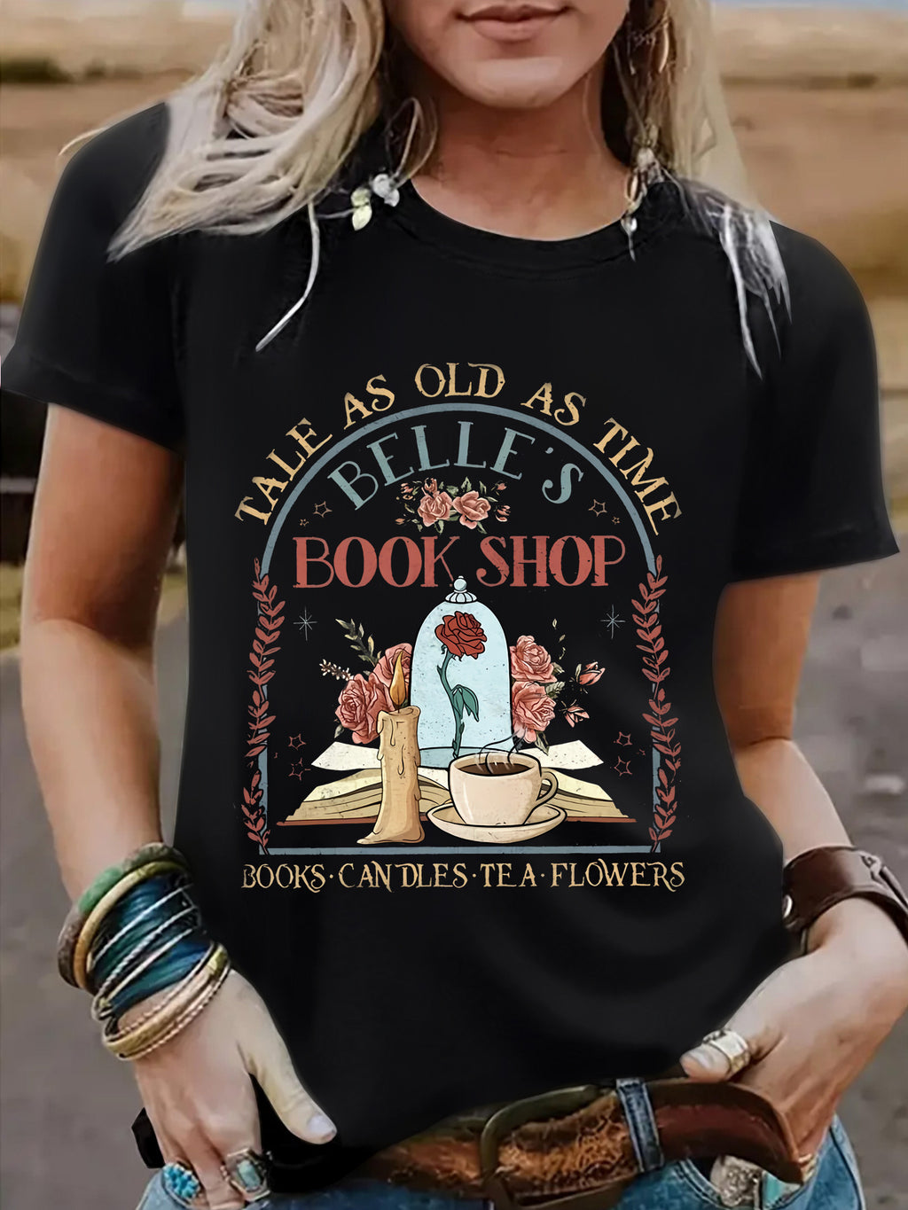 BOOK SHOP Printed New Round Neck Loose Short Sleeve