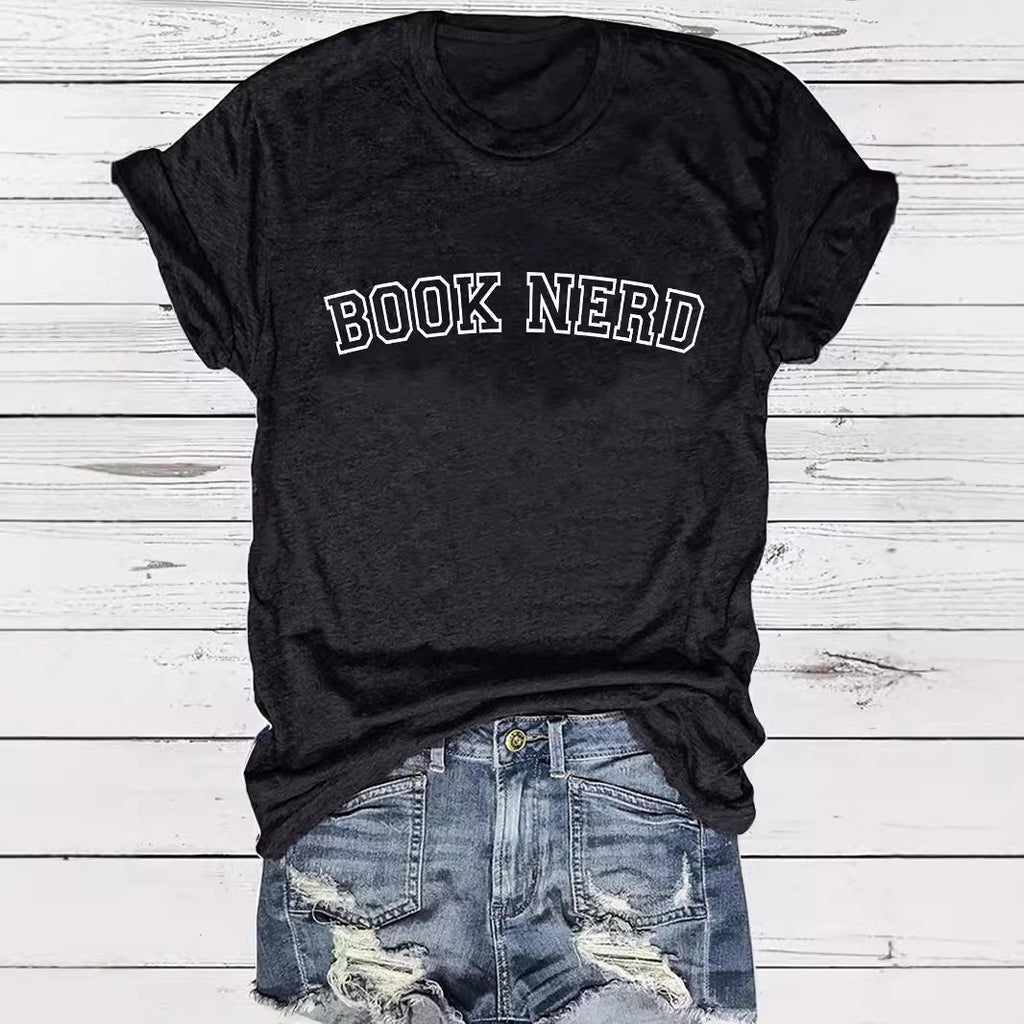 BOOK NERD Pattern Round Neck Short Sleeve
