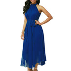 Plus Size Women Summer Solid Color Pleated Chiffon Sleeveless Belted Maxi Dress