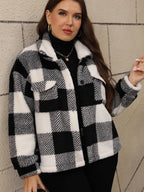 Plus Size Pocketed Plaid Collared Neck Jacket