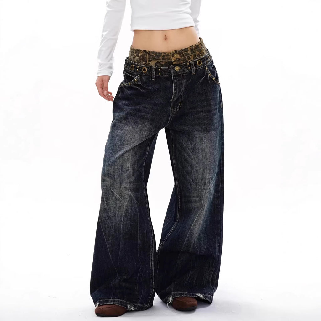 Plus Size Unique Design Leopard Print Double Waistband Patchwork Jeans