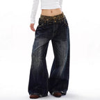 Plus Size Unique Design Leopard Print Double Waistband Patchwork Jeans