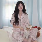 Striped Ice Silk Sleepwear for Women, Summer Short Sleeve Long Pants, High-End Lady's Home Wear, Suitable for Outer Wear