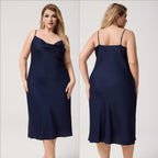 Yao Ting Plus Size Satin Nightdress for Women Summer One-Piece Plunge Neck Strap Loose Loungewear Sleepwear