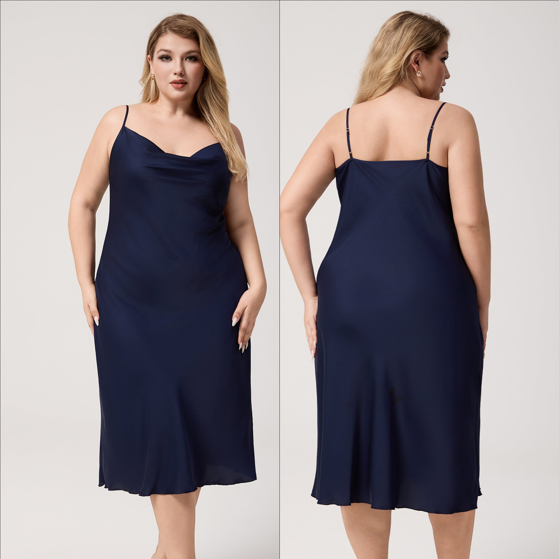 Yao Ting Plus Size Satin Nightdress for Women Summer One-Piece Plunge Neck Strap Loose Loungewear Sleepwear