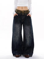 Plus Size Unique Design Leopard Print Double Waistband Patchwork Jeans