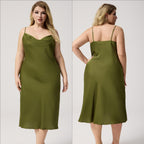 Yao Ting Plus Size Satin Nightdress for Women Summer One-Piece Plunge Neck Strap Loose Loungewear Sleepwear