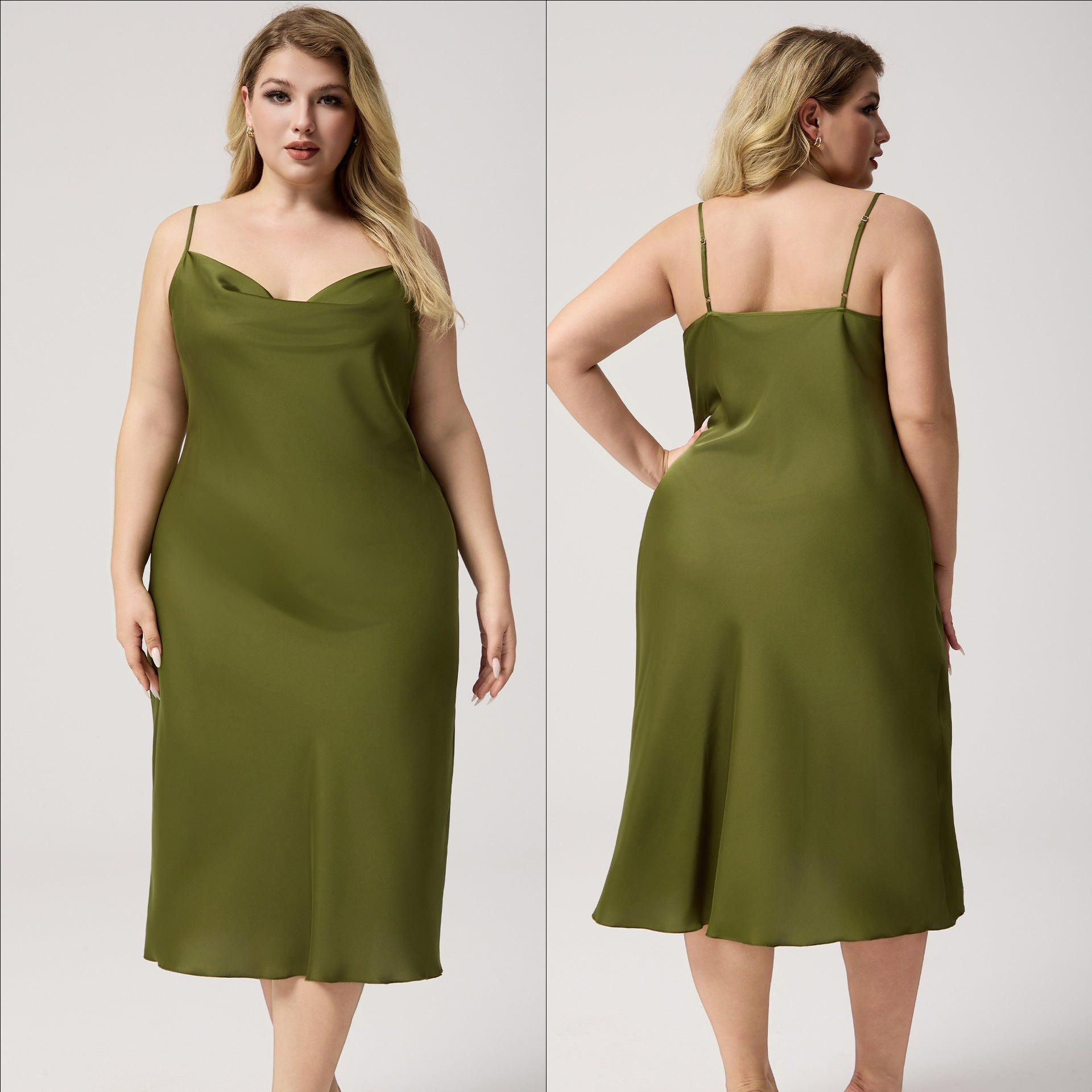 Yao Ting Plus Size Satin Nightdress for Women Summer One-Piece Plunge Neck Strap Loose Loungewear Sleepwear