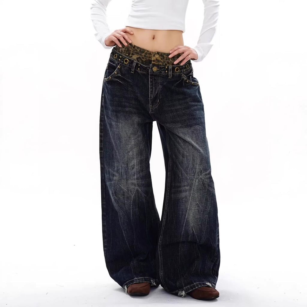 Plus Size Unique Design Leopard Print Double Waistband Patchwork Jeans