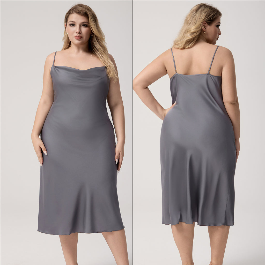 Yao Ting Plus Size Satin Nightdress for Women Summer One-Piece Plunge Neck Strap Loose Loungewear Sleepwear