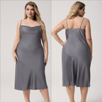 Yao Ting Plus Size Satin Nightdress for Women Summer One-Piece Plunge Neck Strap Loose Loungewear Sleepwear