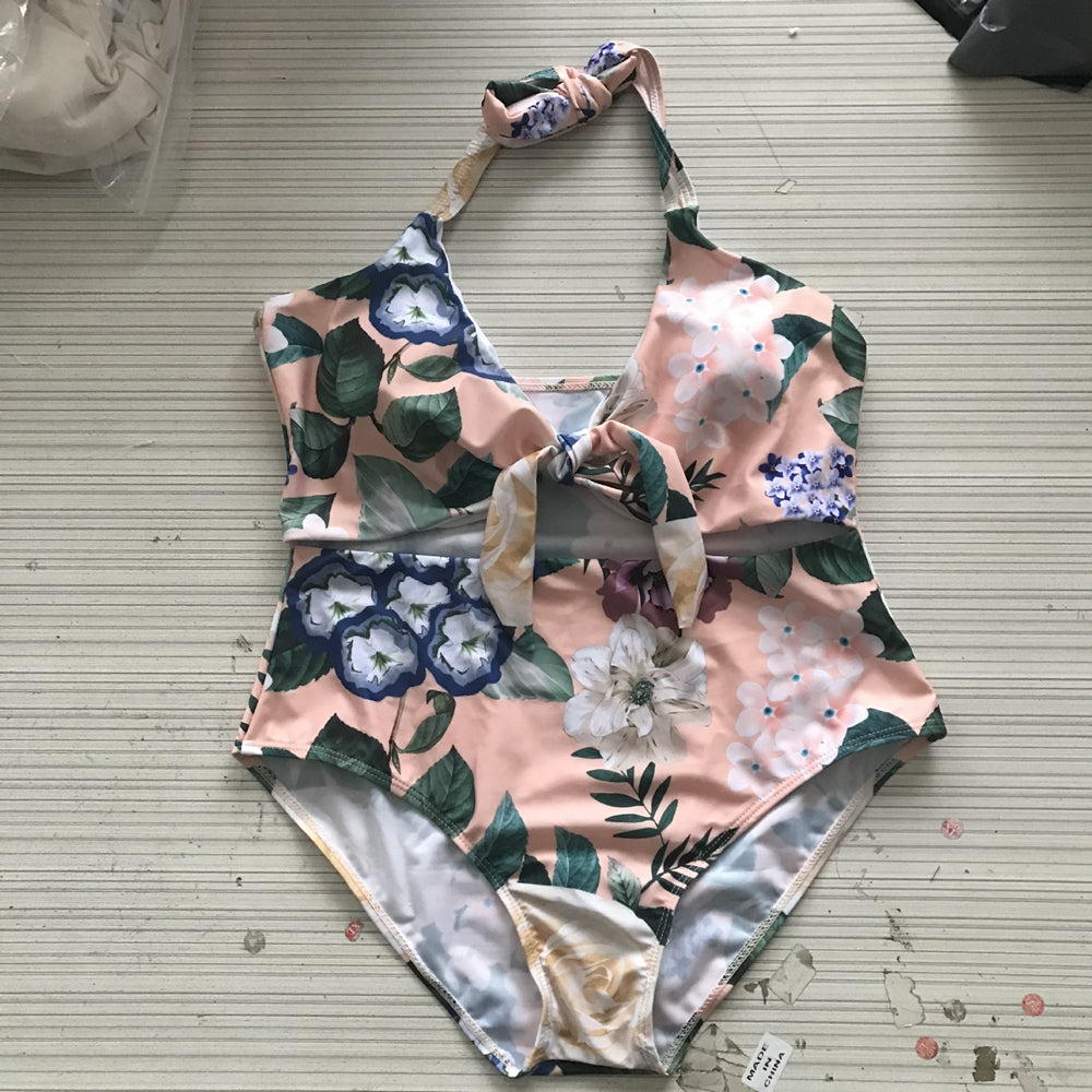 Bowknot one piece swimsuit plus size women swimwear floral halter monokini high cut maillot large sizes swimwear female swimsuit