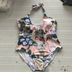 Bowknot one piece swimsuit plus size women swimwear floral halter monokini high cut maillot large sizes swimwear female swimsuit