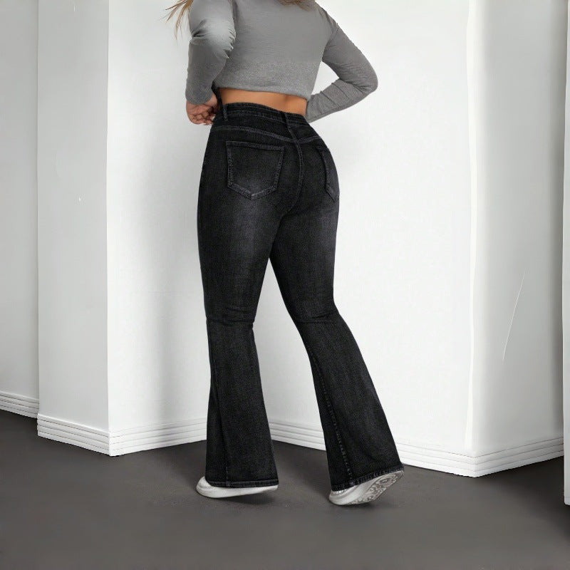 Elastic Plus Size Women's Black and Gray Denim Flared Jeans