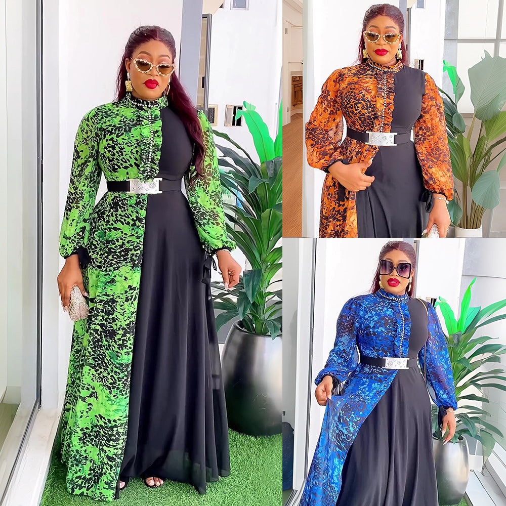 New African Plus Size Women's Dress, Chiffon Printed Spliced Color Block Long DressFashion Casual Wear