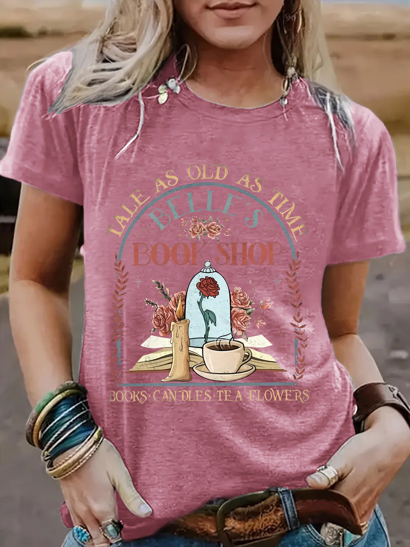 BOOK SHOP Printed New Round Neck Loose Short Sleeve